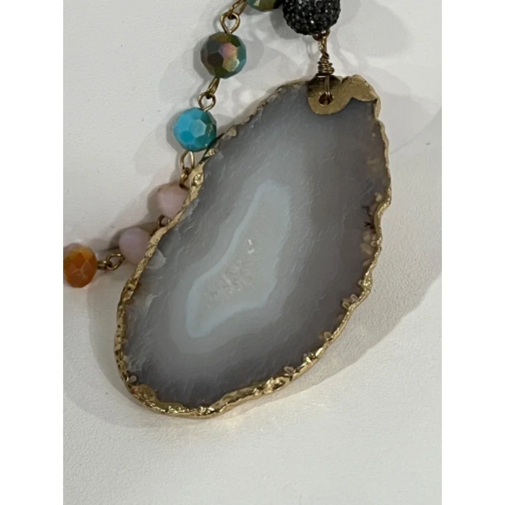 Beaded Necklace Agate‎ Slice Pendant Boho Chic Statement Jewelry